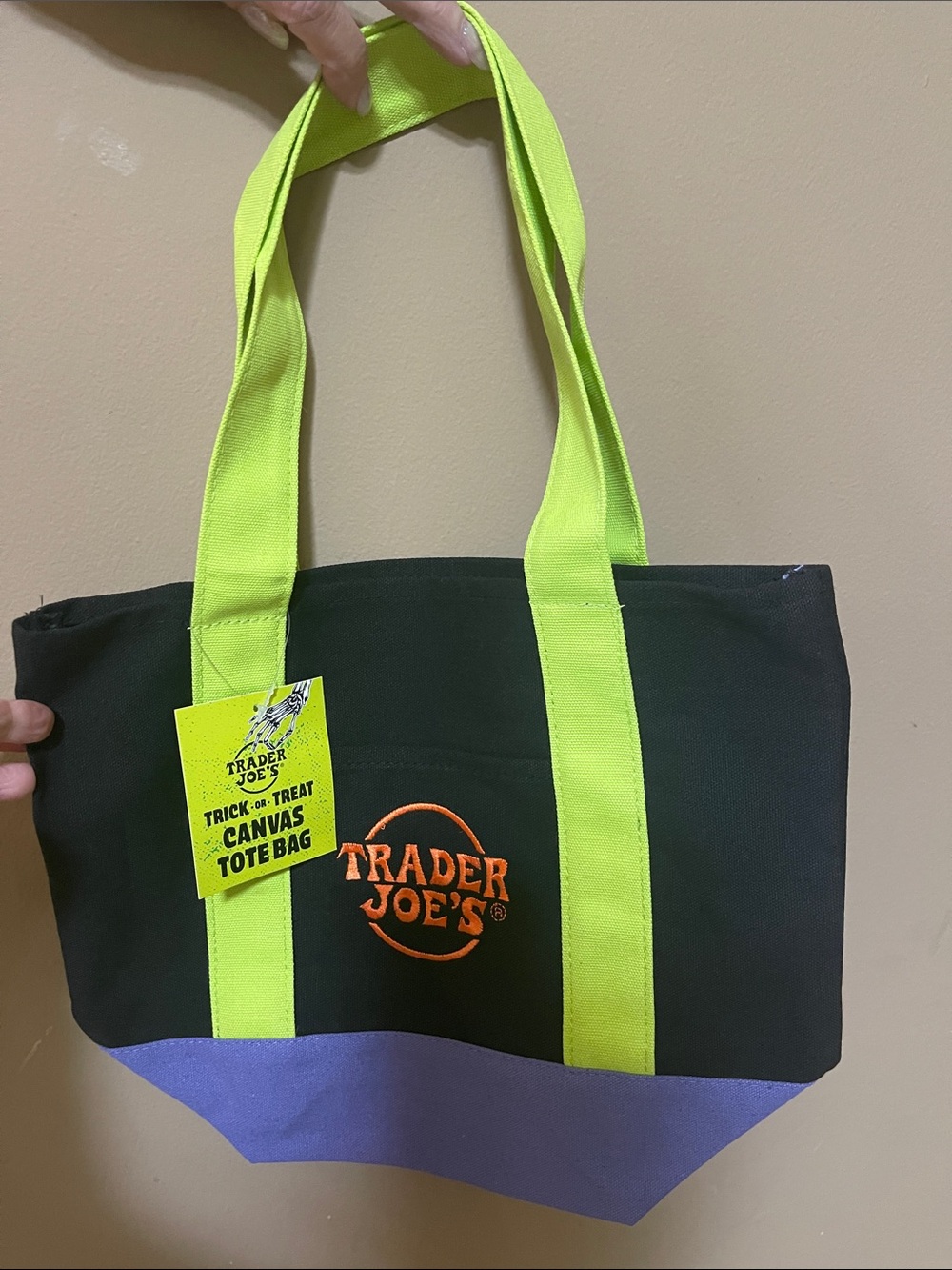 NWT Trader Joe’s mini-tote Halloween Black & Lime Canvas Tote Bag with Lavender
